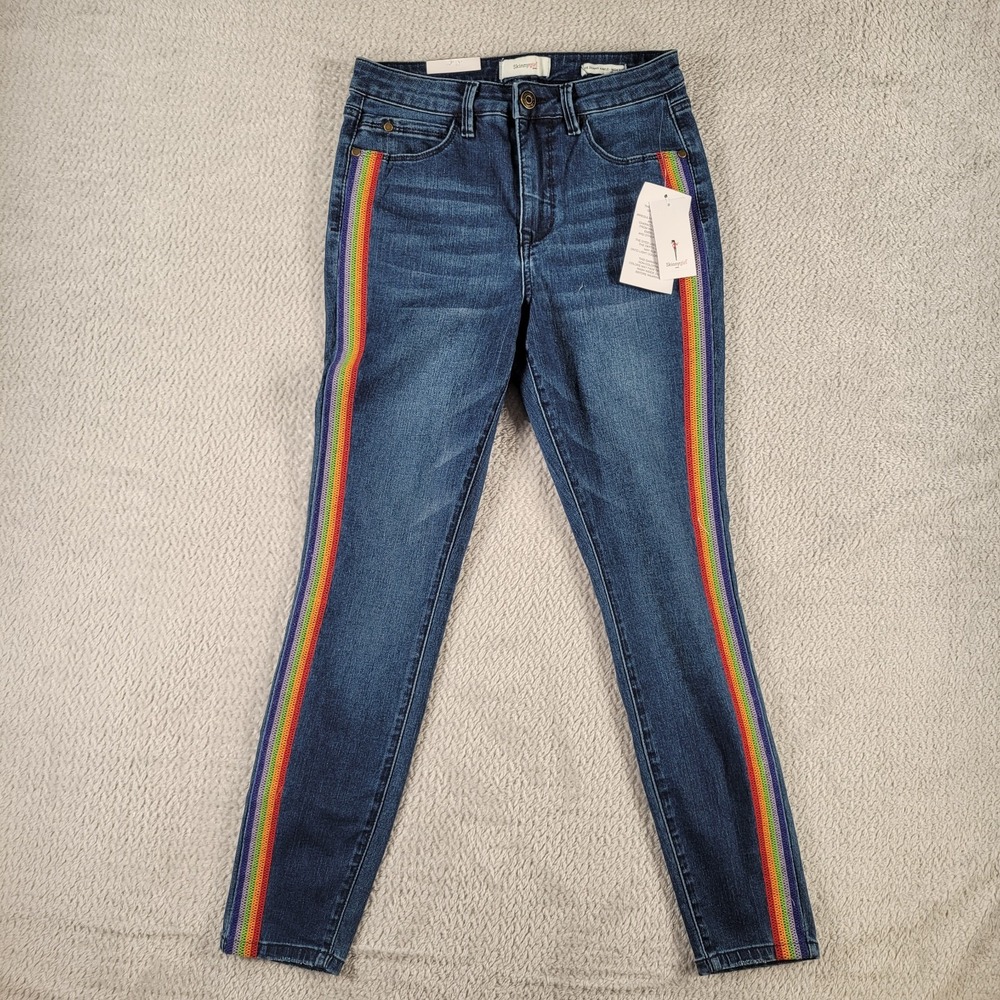 Skinnygirl jeans skinny ankle high rise blue jeans w/ rainbow stripes size 27/4